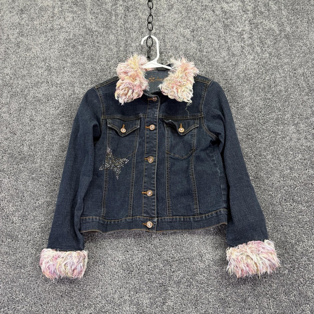 Arizona Jean Co Jacket Girls Large Blue Denim Fur Trim Star Rhinestone Fuzzy